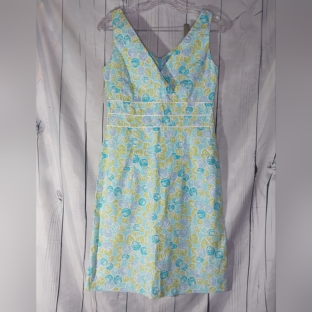 Tahiti Reef Club Dress Sz L Sleeveless Cotton Sheath In Turquoise/Citron Floral